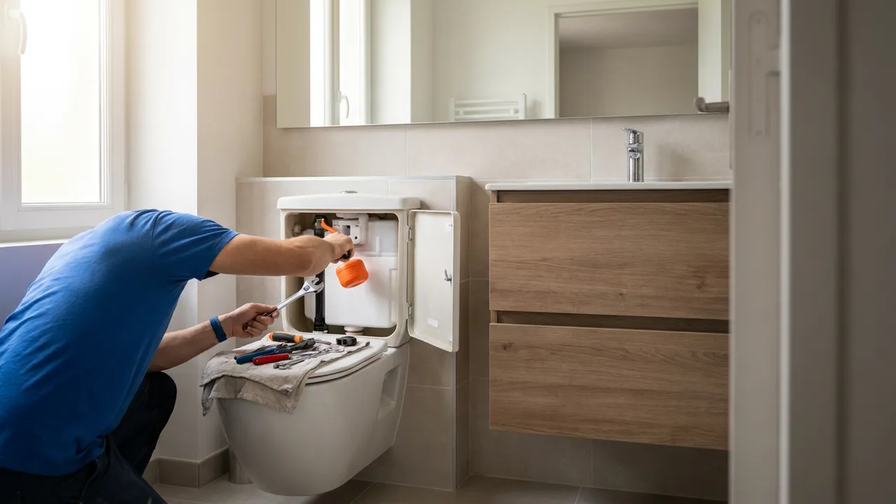 Plombier remplaçant le mécanisme et le flotteur d'une chasse d'eau dans une salle de bain à Villemomble